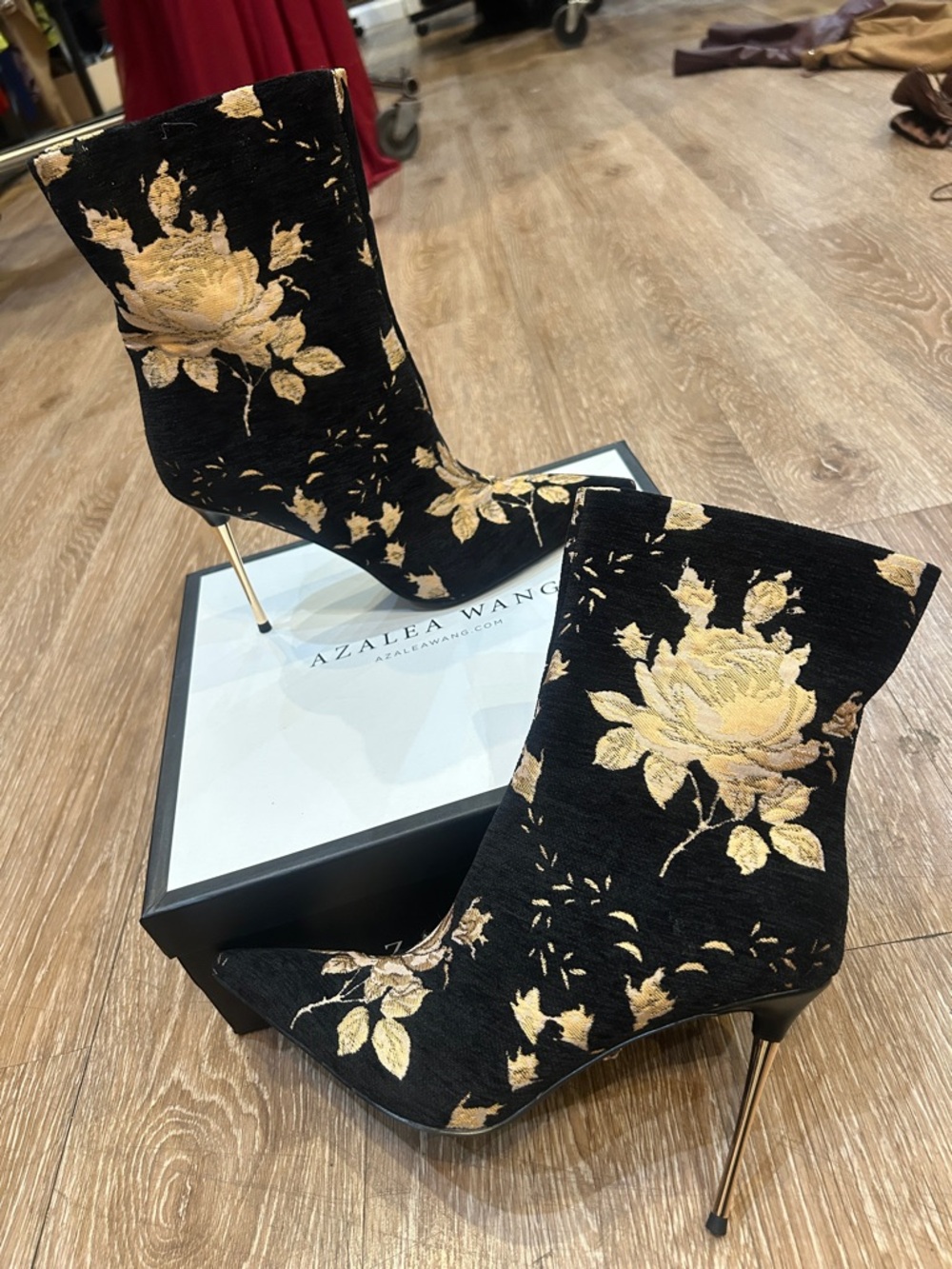 Azalea Wang Black & Gold Floral Stiletto Ankle Boots